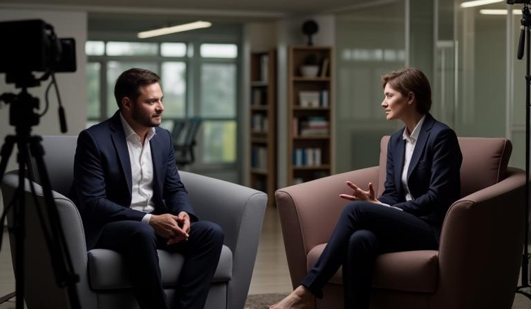 Cadre de tournage pour une interview d'entreprise avec deux personnes sur des canapés