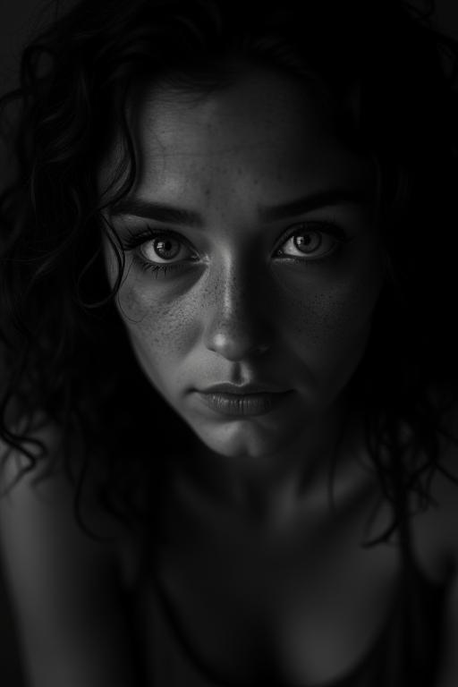 Portrait en noir et blanc texturé d'une jeune femme avec un regard intense