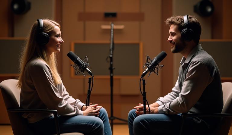 Deux personnes enregistrant un podcast avec des microphones professionnels dans un studio
