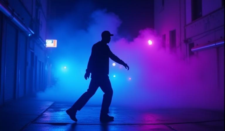 Scène nocturne stylisée d'un clip musical avec des lumières néons bleues et roses