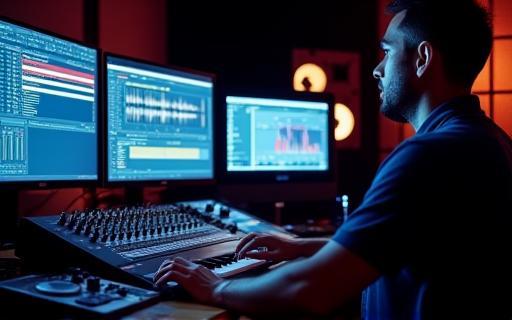 Ingénieur du son travaillant sur un logiciel de production audio complexe sur écran