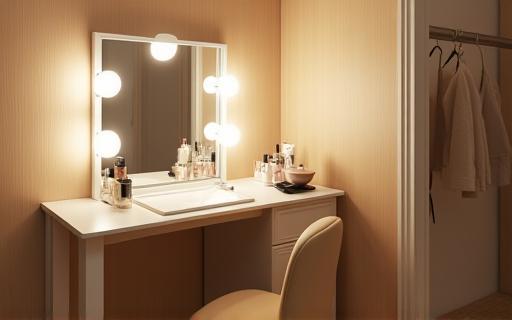 Miroir avec lumières et espace de maquillage dans une loge de studio confortable