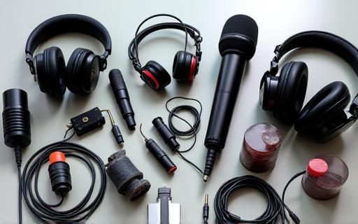 Sélection de microphones, de casques audio et d'autres équipements professionnels