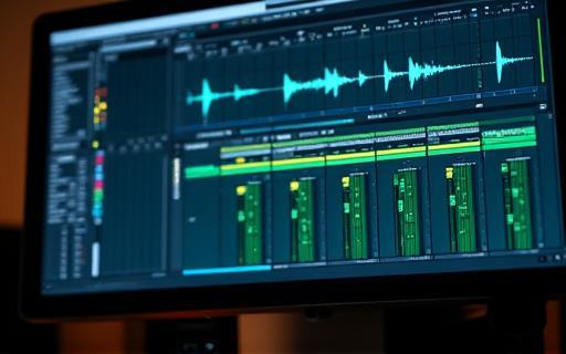 Écran d'ordinateur affichant une session de mixage audio avec de nombreuses pistes