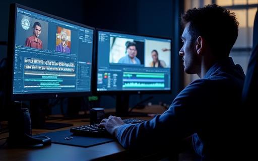 Post-producteur travaillant sur un logiciel de montage vidéo avec plusieurs écrans