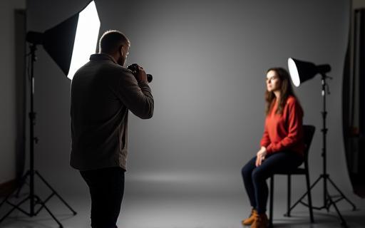 Photographe prenant un portrait en studio avec un éclairage professionnel