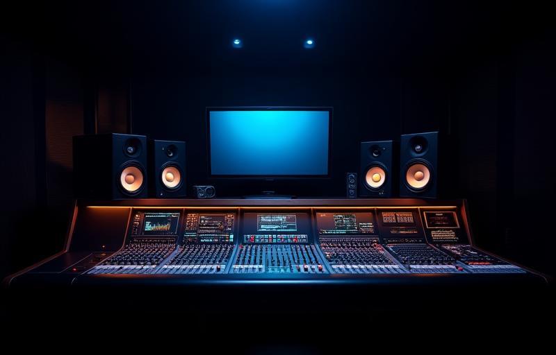 Salle de contrôle avec console de mixage professionnelle et moniteurs audio
