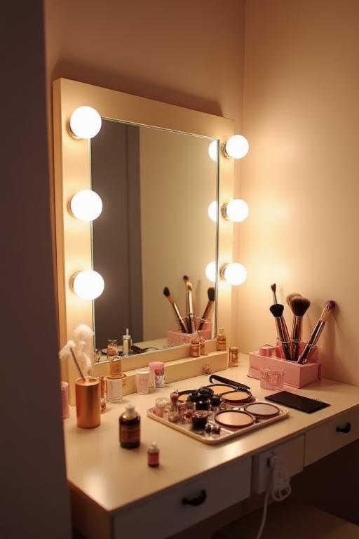 Détail de l'espace loge avec miroir éclairé et produits de maquillage