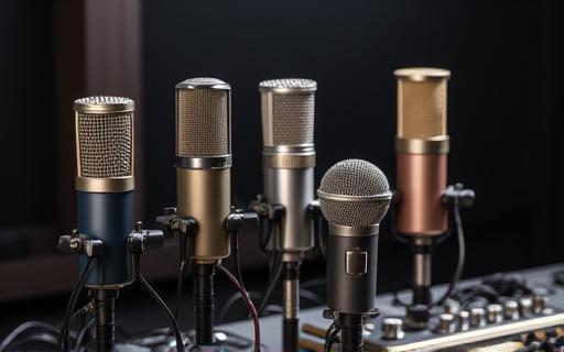 Collection de microphones professionnels variés posés sur un bureau de studio