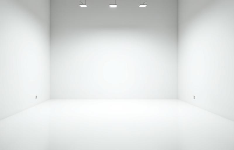 Vue large du principal espace studio polyvalent avec murs blancs et sol clair